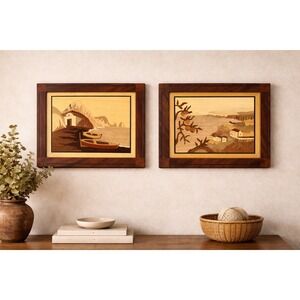Set Of 2 Vintage Italian Marquetry Inlaid Wood Sorrento Style Coastal Scenes